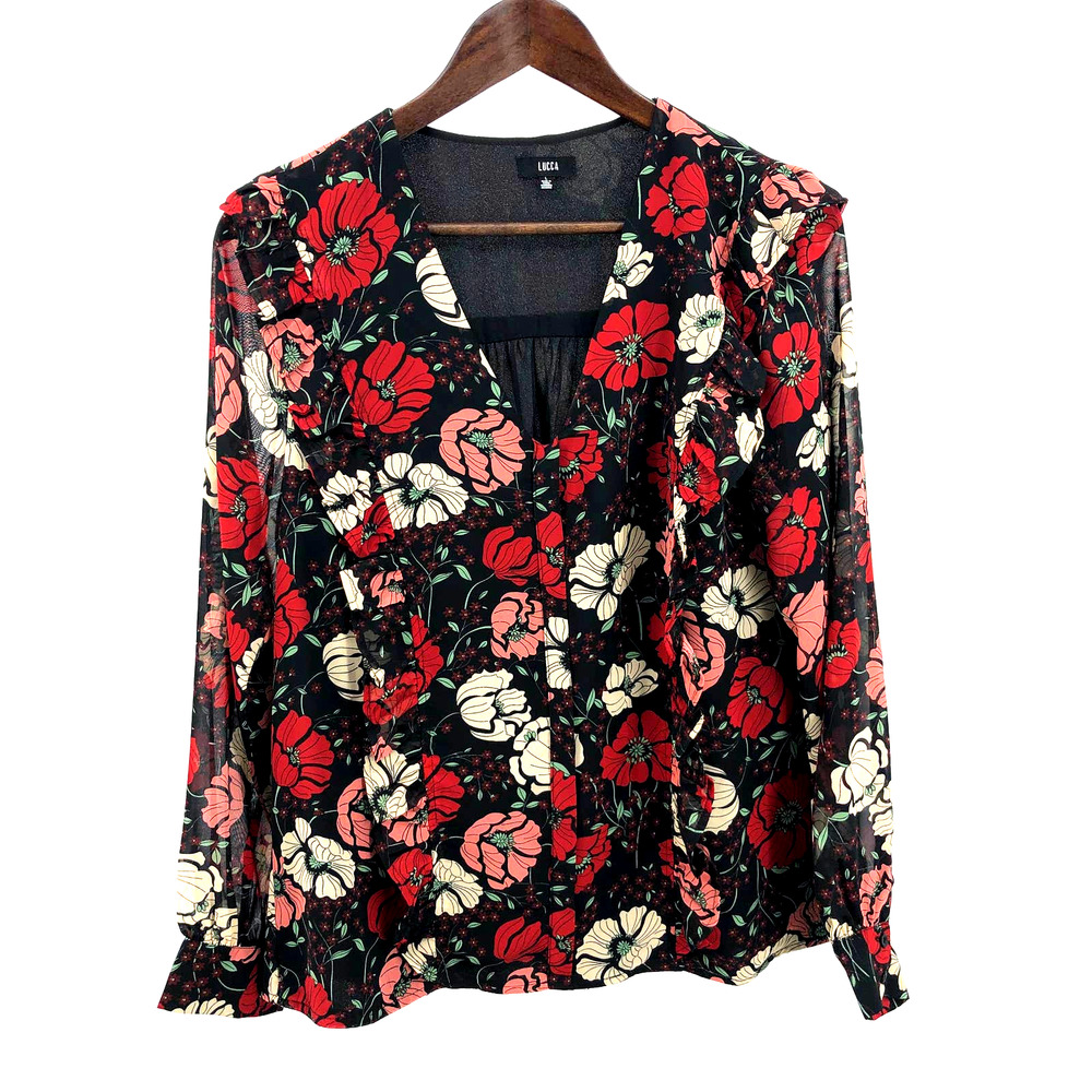 Lulu's Black Floral Ruffle V-Neck Blouse in Red & Cream